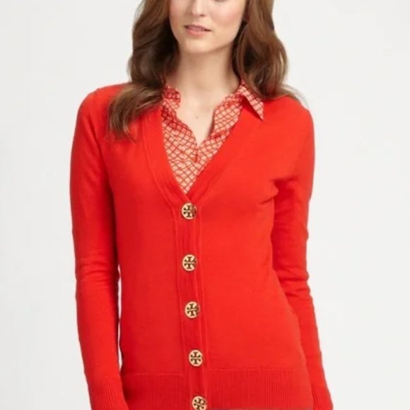 Tory Burch - Authentic Coral Button Up Cardigan with Gold TB Buttons - Picture 8 of 8